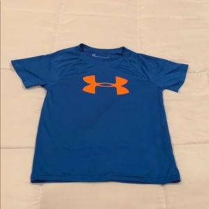 Blue Under Armour shirt with orange logo